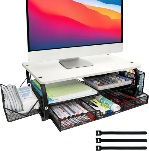 Vista 11 de Organizador de escritorio y accesorios para monitor, soporte para monitor con cajón (cajones de 2 niveles) con estante de almacenamiento lateral