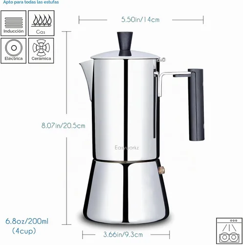 Vista 2 de Easyworkz Pedro Cafetera de Espresso para Estufa 4 Tazas 200ml Cafetera Italiana de Acero Inoxidable Moka Pot Cafetera de Espresso de Inducción
