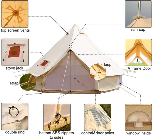 Vista 3 de Tienda de campaña de lona de algodón impermeable para 4 estaciones, tienda de campaña grande glamping, tipi yurta con estufa de techo, agujero