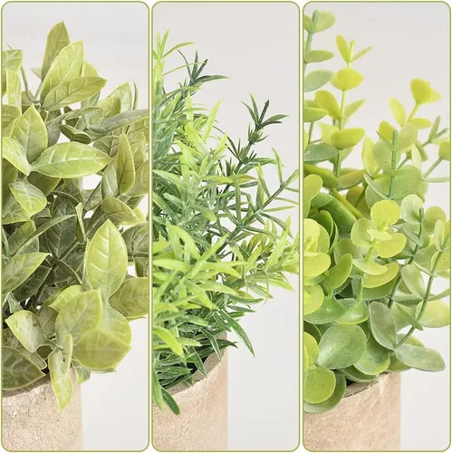 Vista 6 de homEdge Mini eucalipto artificial en maceta, 3 paquetes de plantas de plástico artificial con maceta para el hogar, decoración de escritorio
