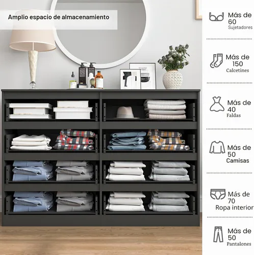 Vista 7 de Vibe & Dine Cómoda Doble de 8 Cajones, Cómoda Moderna con Almacenamiento Amplio para Closet, Dormitorio, Sala de Estar, Negro