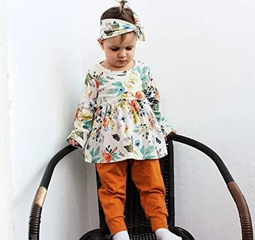 Vista 2 de Conjunto de 3 piezas de ropa de bebé niña con volantes, camisa floral y pantalones, diadema