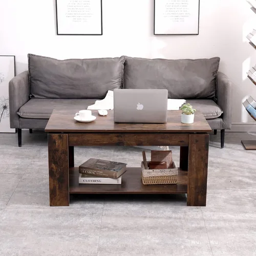 Vista 4 de Mesa auxiliar elevable con compartimento oculto y estante de almacenamiento, mesa elevada para sala de estar y sala de recepción (marrón rústico)