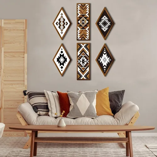 Vista 5 de Tatuo 6 Piezas de Decoración de Pared Azteca Occidental para el Hogar Estilo Granja Sureste Marco Colgante de Pared Arte Abstracto Moderno Boho
