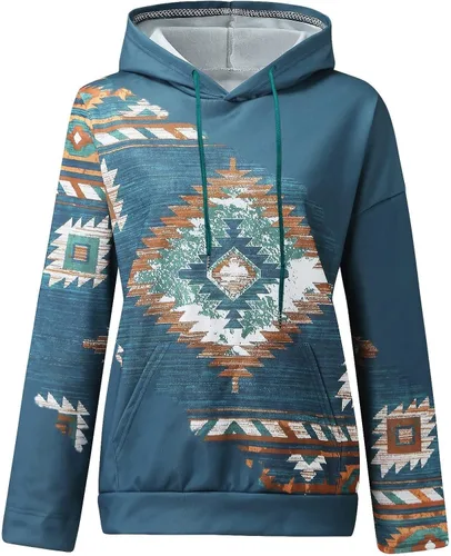 Vista 5 de Ceboyel Women Western Aztec Hoodies Drawstring Sweatshirt Pullover Ethnic Vintage Graphic Shirts Tops Causal Fall Clothes