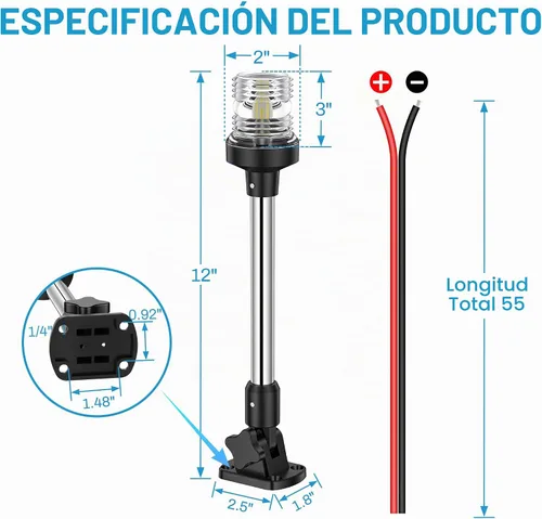 Vista 8 de Obcursco Luces de popa de barco, IP67 impermeable, plegable, luz LED blanca de anclaje para lanchas marinas, pontones, pesca, lubinas y Jon