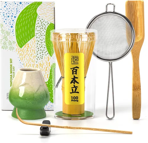 Vista 11 de TEANAGOO Set de Batidor de Matcha, Batidor de Bambú Matcha (100 puntas) con Soporte Negro, Set de Inicio Tradicional de 6 Piezas, Cuchara