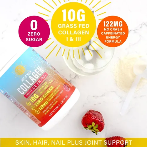 Vista 4 de Peptide Energy - Colágeno en polvo para cabello, uñas, piel, tipo I y III, cafeína para energía, vitamina C, biotina, ácido hialurónico, cero