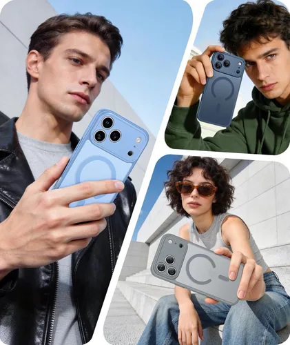 Vista 445 de FNTCASE Funda para iPhone 17 Pro: Fundas delgadas translúcidas de color azul claro compatibles con MagSafe, protección completa de la cámara