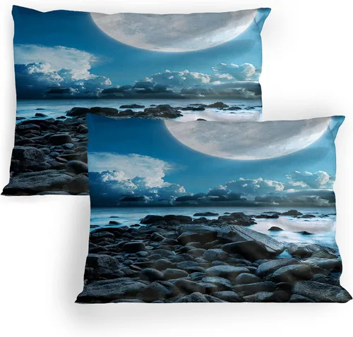 Vista 19 de Lunarable Ocean Pillow Sham Set of 2, Sunset at a Smooth Sandy Beach with Small Wave and Bubbles from The Sea, Quality Microfiber Bedding Item for
