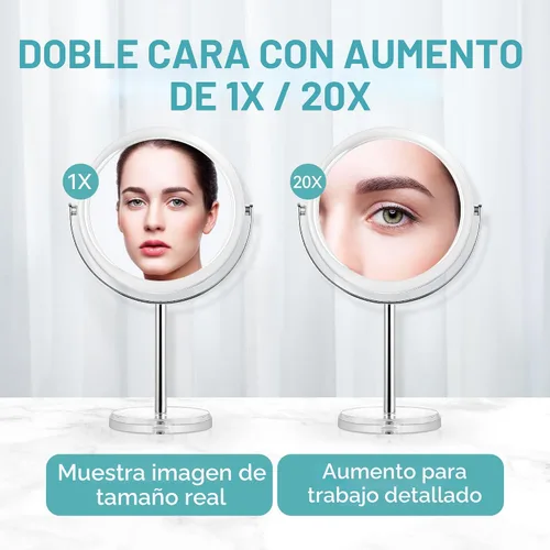 Vista 2 de MIYADIVA Espejo de maquillaje con aumento de 20X, espejo de aumento de doble cara 1X y 20X con soporte, espejo de tocador con aumento de mesa
