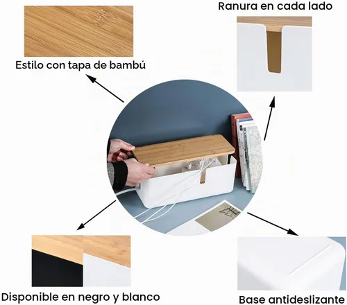 Vista 6 de Changsuo Caja de organización de cables con tapa de bambú, pequeña caja organizadora de cables para cable de extensión, protector de sobretensiones