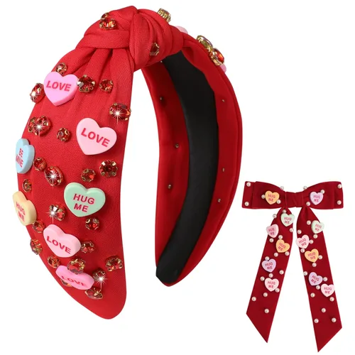 Vista 22 de Diademas de corazón de caramelo para el día de San Valentín para mujer, diadema de corazón de conversación de amor con diamantes de imitación