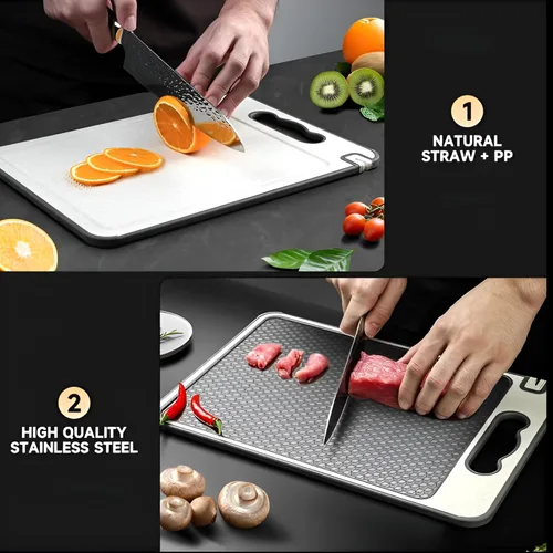 Vista 6 de Tabla de cortar de acero inoxidable de doble cara, tabla de cortar de grado alimenticio 304 con malla resistente a los arañazos, ranura para jugos
