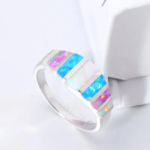 Vista 5 de CiNily Anillos de ópalo para mujer, diseño de ópalo de fuego blanco, azul, rosa, plata, anillo de piedras preciosas chapado en plata, talla 5-13