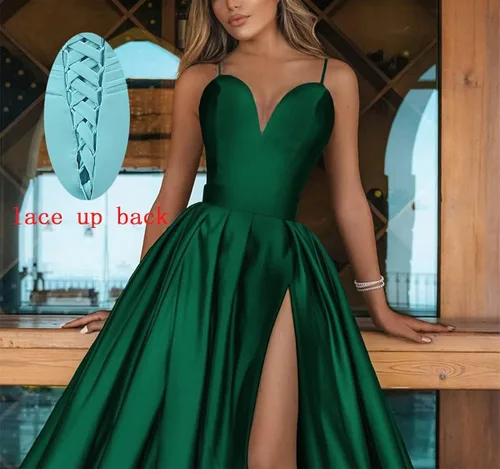 Vista 2 de Zeeyecie Vestido de baile de graduación con hombros descubiertos para mujer vestido largo de satén formal con abertura y bolsillos
