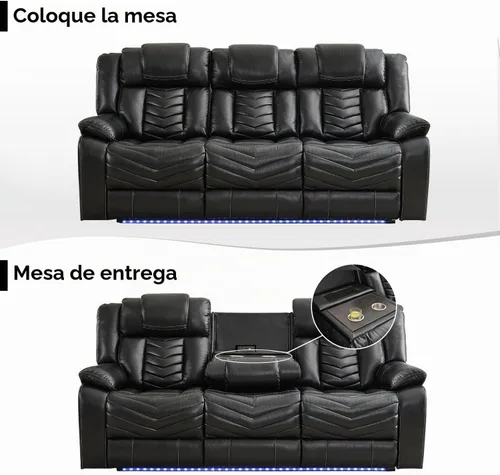 Vista 9 de Sofá reclinable manual con cargador inalámbrico para sala de estar, 3 plazas eléctrico de cuero con reclinable, juego de sofá reclinable de 3