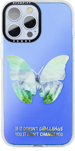 Vista 3 de SCORPIFY Funda para iPhone 14 Pro Max con diseño iridiscente de mariposa azul, bonita funda transparente para mujeres y niñas