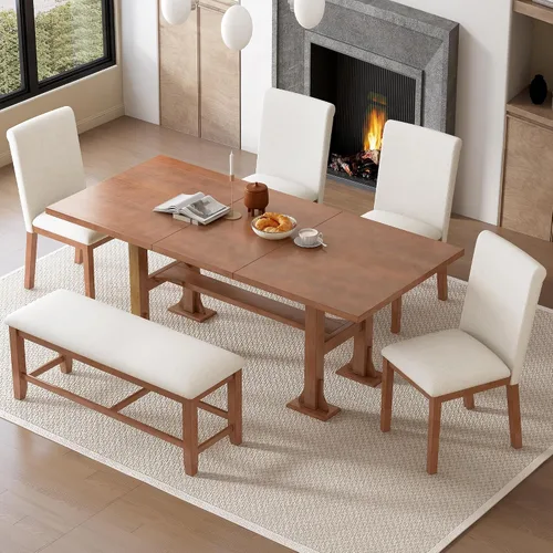 Vista 10 de Elegante juego de mesa de comedor de cocina de 6 piezas, mesa rectangular de madera y 4 sillas copetudas de respaldo alto y 1 banco, juego de mesa