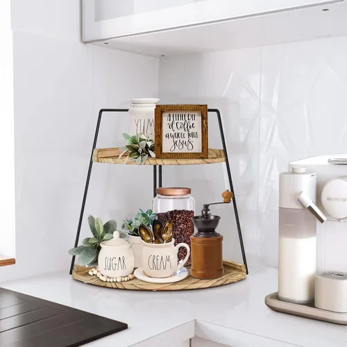 Vista 6 de Organizador de encimera de baño de 2 niveles, organizador de baño de madera, estante de almacenamiento de esquina para mostrador, decoración