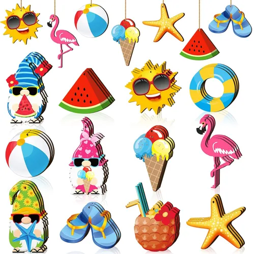 Vista 13 de Geelin - 36 adornos colgantes de madera de verano para árbol de Navidad en julio, mini decoraciones de árbol hawaiano, playa, colgante de madera