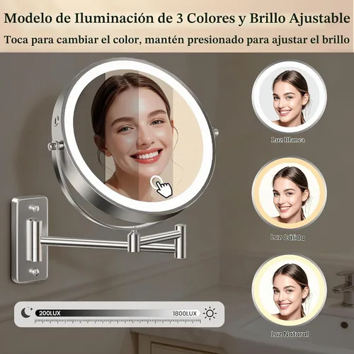 Vista 4 de Espejo de maquillaje iluminado grande de 9 pulgadas, espejo de aumento recargable de 5000 mAh con 3 luces de color regulables al tacto, brazo Pearl