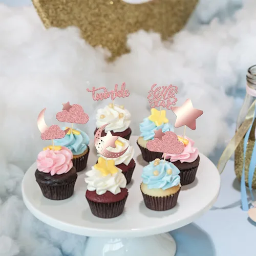Vista 6 de Gyufise 24 piezas de decoración de cupcakes con purpurina de luna, nube, decoración de tartas de estrellas parpadeantes, baby shower, niños, Oro