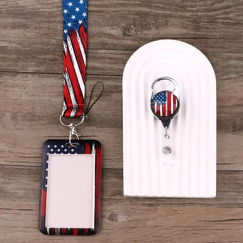 Vista 6 de Cordón con Llavero para Hombre con Insignias de Identificación con Clip de Carrete Retráctil Soporte para Insignias Llavero con Bandera Americana