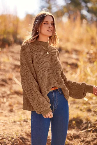 Vista 4 de PRETTYGARDEN Suéteres de otoño de gran tamaño para mujer, estilo casual, cuello redondo, manga larga, tejido trenzado grueso, blusa