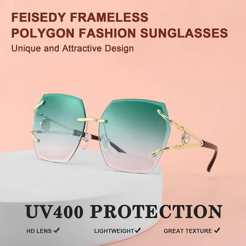 Vista 3 de FEISEDY Gafas de sol de gran tamaño sin montura B2768 para mujer lentes de sol cuadradas de corte de diamante