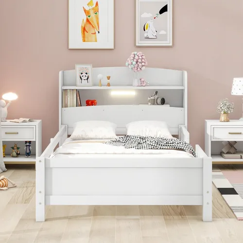 Vista 11 de Harper & Bright Designs Cama de plataforma de tamaño matrimonial con cabecera de almacenamiento, luz LED integrada y barandilla, marco de cama