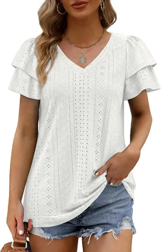 Vista 2 de Geifa Camisetas de verano para mujer, con volantes, manga corta, cuello en V, ajuste holgado, con ojales