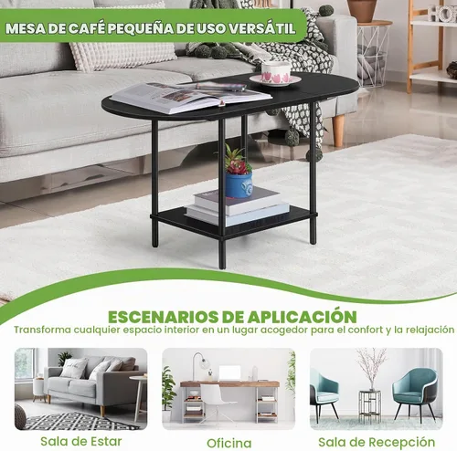 Vista 8 de ETELI Mesas de centro negras para sala de estar, pequeña mesa de centro ovalada de 2 niveles, mesas auxiliares de madera con estante