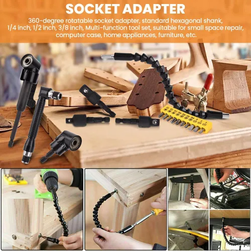 Vista 4 de 17 extensiones de broca flexible, con 3 adaptadores de enchufe giratorios, 2 accesorios de taladro hexagonal de 105° en ángulo recto, 10 puntas