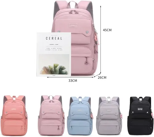 Vista 2 de Mochila casual para niños, color sólido, bolsa de escuela primaria y secundaria, bolsa de viaje para adolescentes, Rosado, Mochila de color sólido