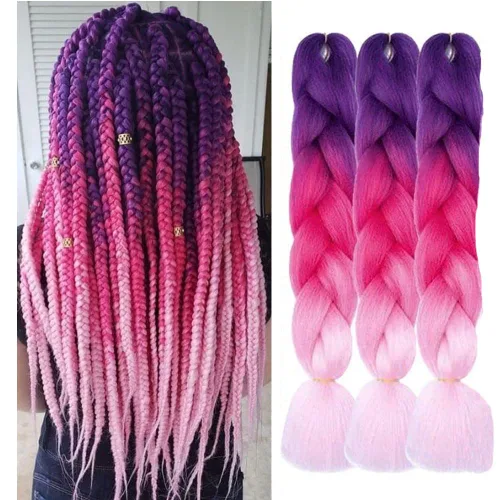 Vista 6 de Cabello trenzado de fibra sintética, tamaño jumbo, extensiones de cabello Kanekalon suave, color negro, (24 pulgadas, 3 piezas)