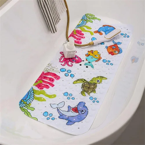 Vista 2 de Tapete de baño para bebé para niños, tapete antideslizante sin BPA para niños, tapete de dibujos animados antideslizante con ventosas y agujeros