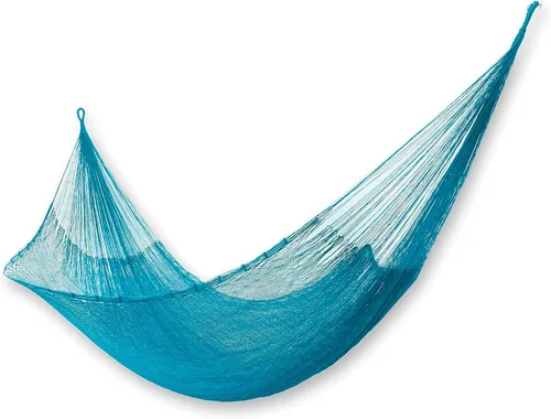 Vista 5 de NOVICA Hamaca de cuerda maya de algodón azul 'Riviera Romance' (Doble)
