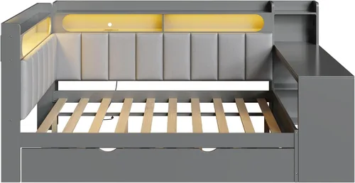 Vista 3 de SOFTSEA Sofá cama esquinera de tamaño completo con escritorio, nido y Gris Beige