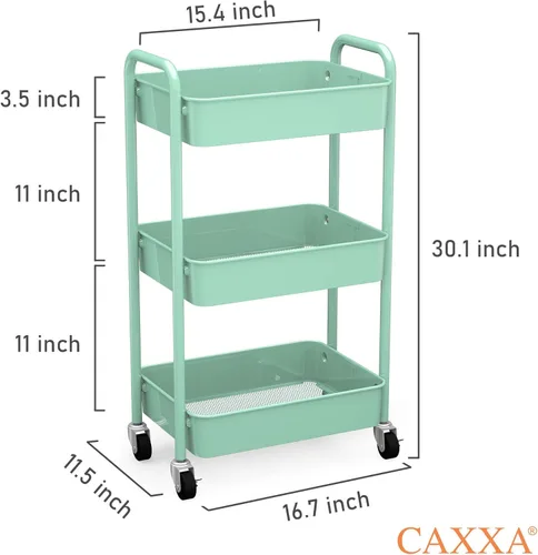 Vista 2 de CAXXA Organizador de almacenamiento de metal con ruedas de 3 niveles, carrito de utilidad móvil, carrito de cocina con ruedas giratorias