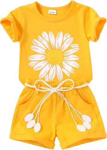 Vista 28 de YOUNGER TREE - Conjunto de ropa para bebés y niñas, camiseta de sandía y pantalones cortos de lino con cinturón, conjunto de verano lindo Abeja feliz