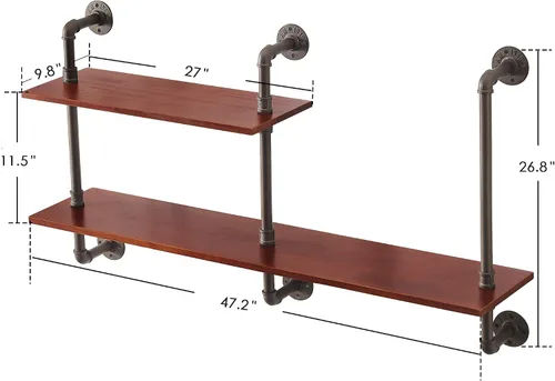 Vista 2 de ivinta Estantes flotantes de 2 niveles, estante de tubería industrial montado en la pared, estante de madera maciza para cocina, oficina, estante