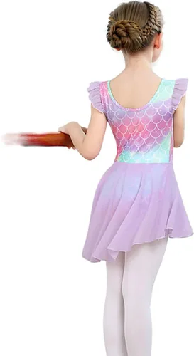 Vista 6 de iLover Vestido de leotardo clásico con mangas con volantes para niñas, para danza, gimnasia y ballet