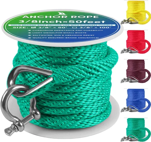 Vista 61 de Cuerda de anclaje premium de 50 pies x 1/2 pulgadas, línea de anclaje trenzada sólida MFP para barco con dedal y grillete - Negro