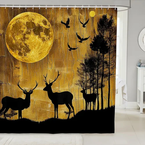 Vista 30 de Cortina de baño de lobo con luna azul noche para niños, juego de cortina de ducha para tinas de cielo estrellado, vida silvestre, animales salvajes