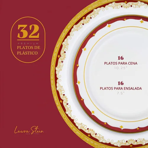 Vista 2 de Juego de vajilla desechable de plástico para Acción de Gracias de 32 piezas con borde burdeos y acentos dorados de Laura Stein
