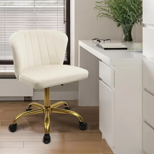 Vista 2 de CLATINA Silla de escritorio de terciopelo para el hogar con ruedas de base dorada, altura ajustable, tapizada, cómoda, ergonómica, sin brazos