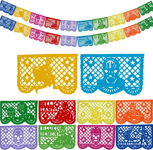 Vista 10 de Papel Picado de 16 pies, pancarta mexicana, pancarta de plástico Lucha Libre, decoraciones de pancarta mexicana, suministros de fiesta de Luchador