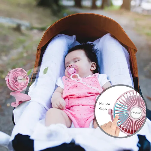 Vista 5 de SkyGenius Ventilador de cochecito de bebé con clip a pilas (rosa)