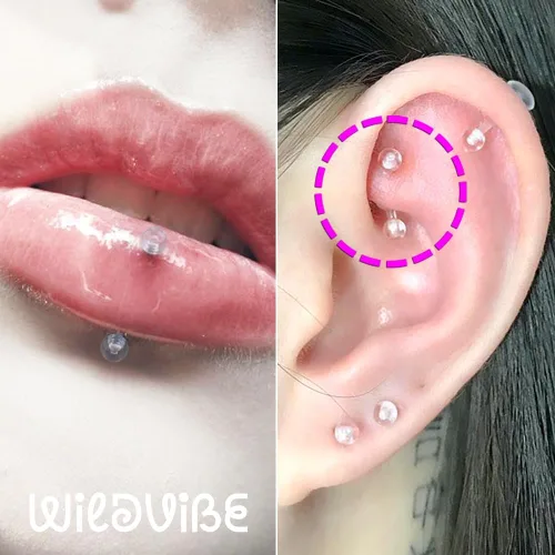 Vista 4 de Retenedores de piercing transparentes de 16g para cirugía - Plástico Bioflex transparente para cejas curvado - Pendientes de cartílago invisibles